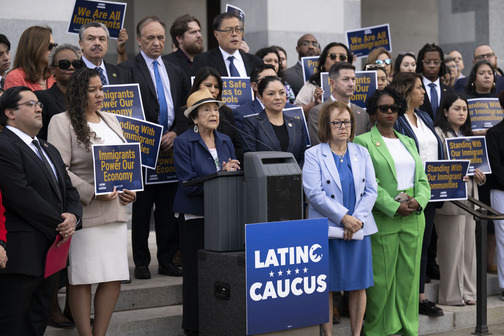 Senator Lena Gonzalez, Diversity Caucus members, and Dolores Huerta speak at a press conference on July 3, 2025.