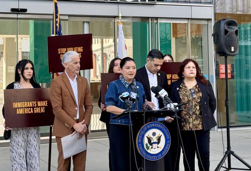 Senator Lena Gonzalez announces new legislation at a press conference in Long Beach.