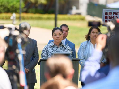 Senator Lena Gonzalez speaks at California Latino Legislative Caucus Press Conference.