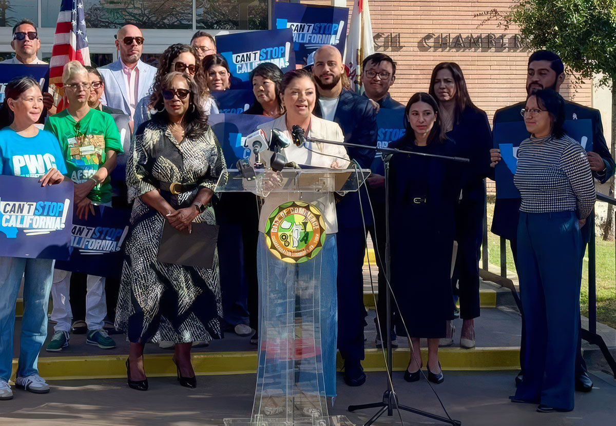 Senator Lena Gonzalez joins community leaders at a press conference in Commerce on October 20, 2026