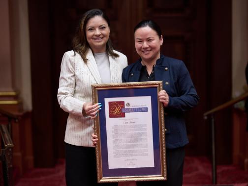 Senator Lena Gonzalez and Lian Cheun, Executive Director for Khmer Girls in Action on the Senate Floor