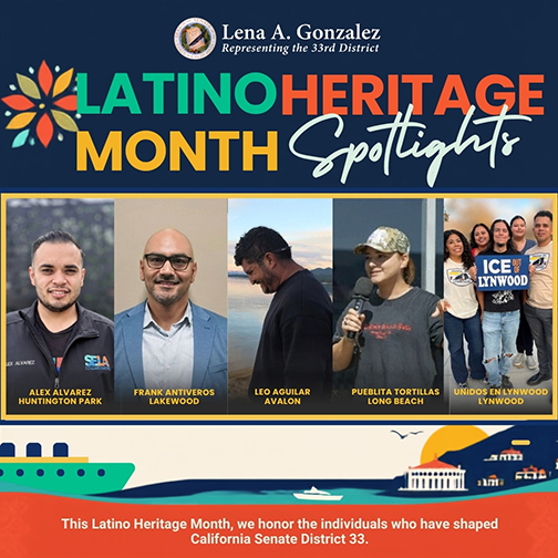 Graphic with collage of 5 images featuring individuals who are being recognized for Latino Heritage Month