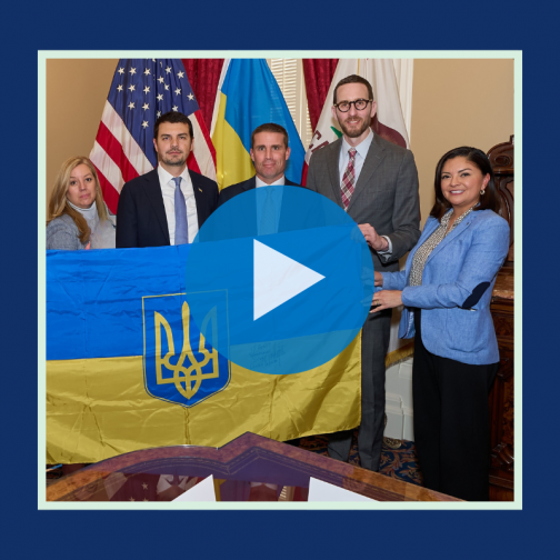 Senator Lena Gonzalez and Colleagues holding Ukraine flag. Click on link below graphic to view video.