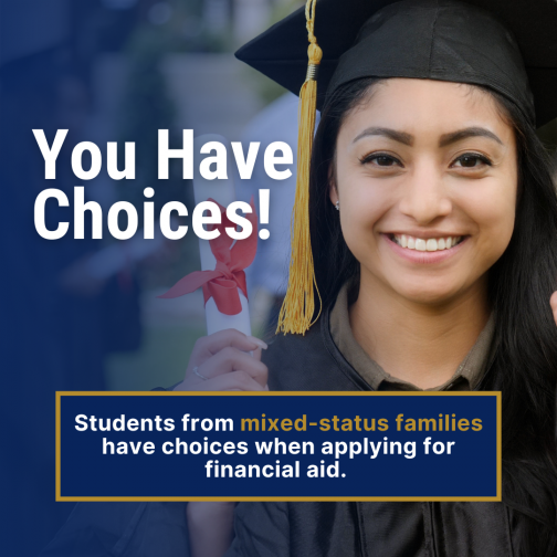 Young College Grad in gown graphic highlighting You Have Choices when applying for financial aid.