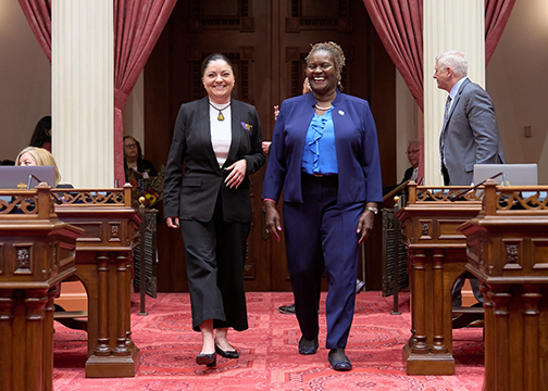 Senator Lena Gonzalez and Woman of the Year honoree Robin Thorne on the Senate Floor