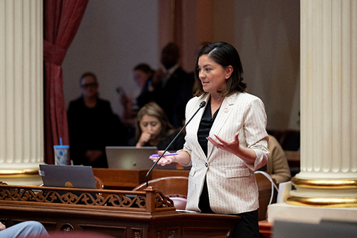 Senator Lena Gonzalez presents on the Senate floor during House of Origin week. 