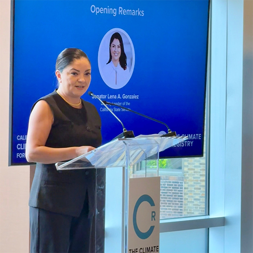 Senator Lena Gonzalez speaks at the Climate Leadership Forum during Climate Week NYC. 