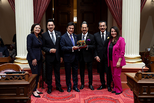 Senator Lena Gonzalez with Los Tigres del Norte and Senate President pro Tempore Monique Limón during the Senate Floor ceremony for the 24th Annual Latino Spirit Awards at the California State Capitol