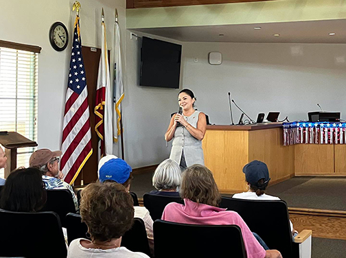 Senator Lena Gonzalez speaks at Catalina Island Town Hall cohosted with Congressmember Robert Garcia.