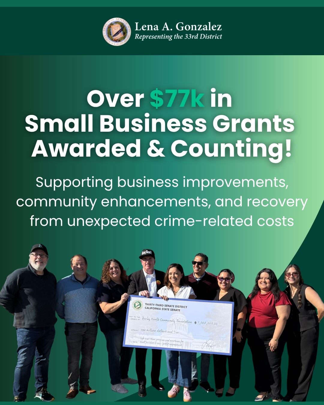 Senator Lena Gonzalez presents $1 Million to the Bixby Knolls Community Foundation