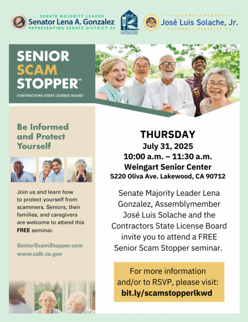 Senior Scam Stopper event July 31 at 10am at Weingart Senior Center.