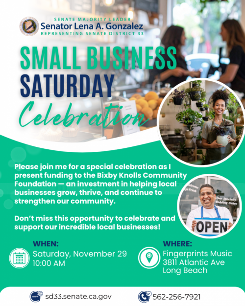 Green and blue flyer with pictures of small business owners and date and location information for Small Business Saturday event
